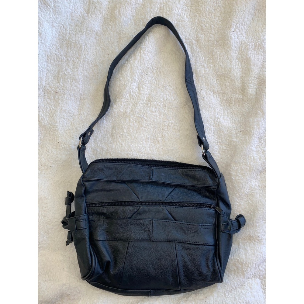 Genuine Leather Crossbody Bag Black Patchwork Multi-Pocket Made in Mexico